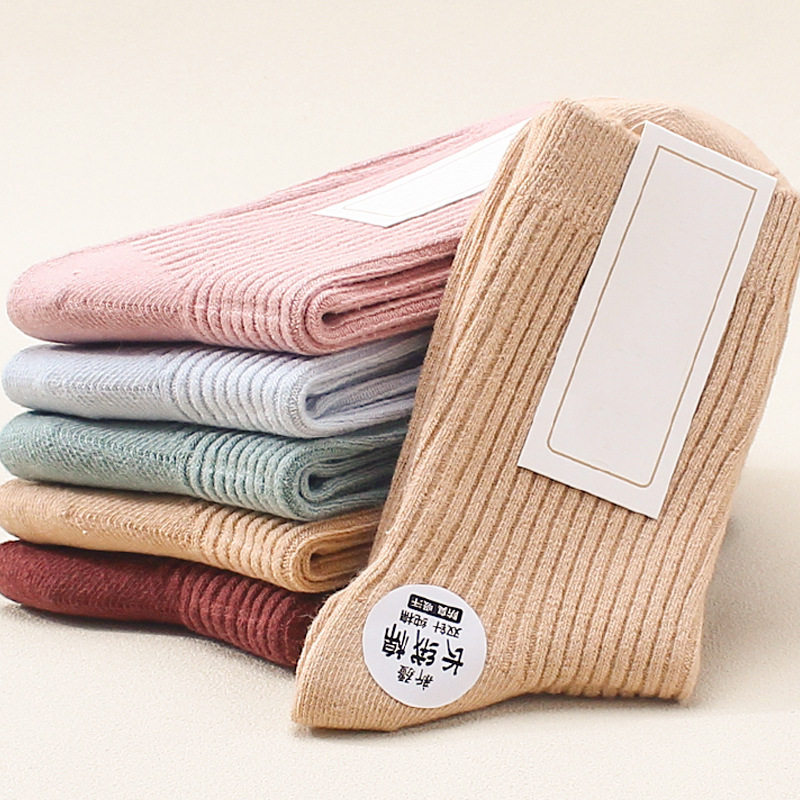 精梳棉袜子女款秋冬款高品质双针纯棉中筒袜全棉吸汗不臭脚纯色袜