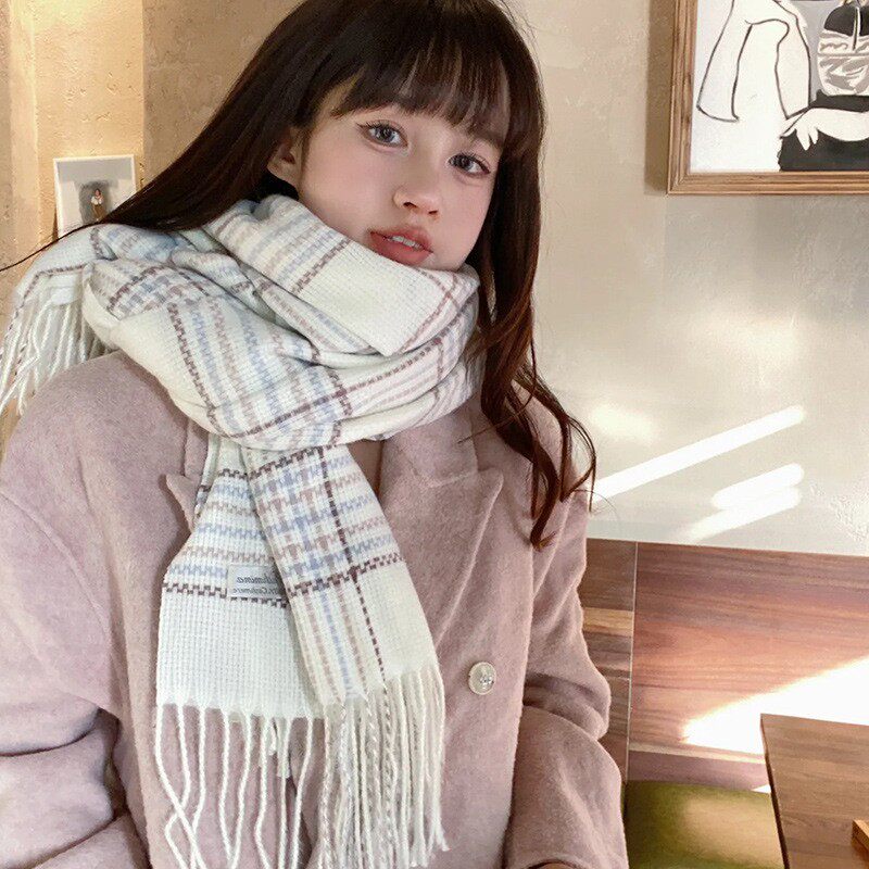 秋冬季新款羊绒白色格子毛线围巾女韩系百搭针织保暖披肩氛围感