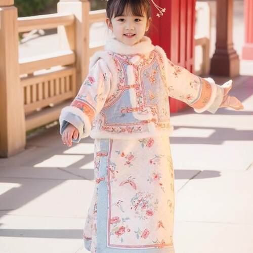 女童加绒加厚格格服秋冬旗袍套装