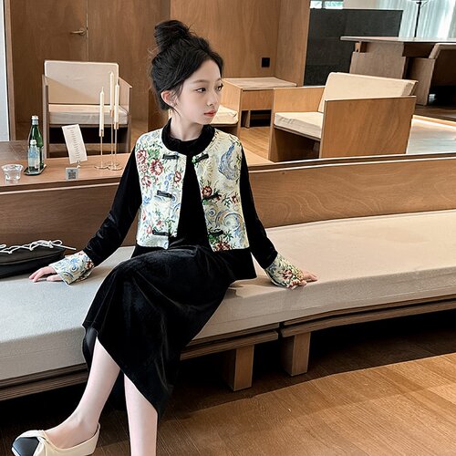 女童套装裙新中式春秋马甲旗袍裙