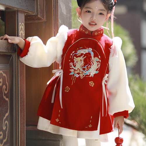 加绒加厚秋冬女童拜年服元旦喜庆