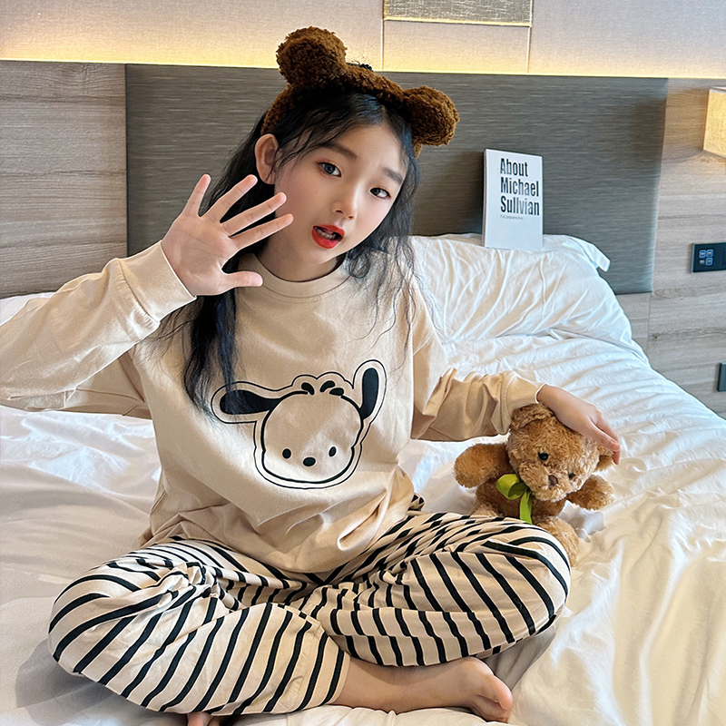 品牌女童睡衣套装2025新款夏儿童纯棉家居服女孩初中生薄款棉绸空