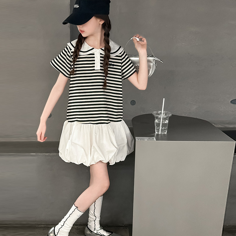 品牌女童条纹连衣裙夏装女大童学院风POLOT恤裙子儿童夏季薄款花