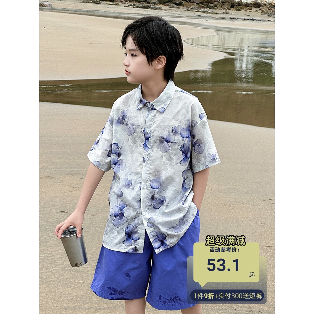 品牌沙滩套装男童夏季薄款衬衫短裤两件套2025新款儿童纯棉夏装潮
