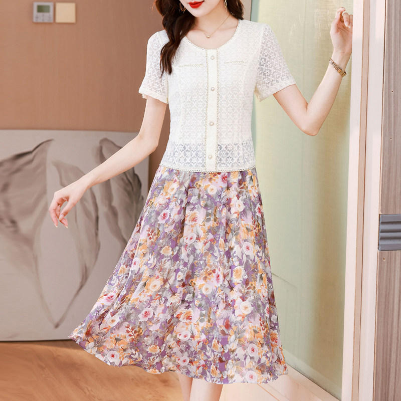 品牌假两件蕾丝连衣裙女2025夏装新款时尚年轻妈妈减龄显瘦雪纺碎