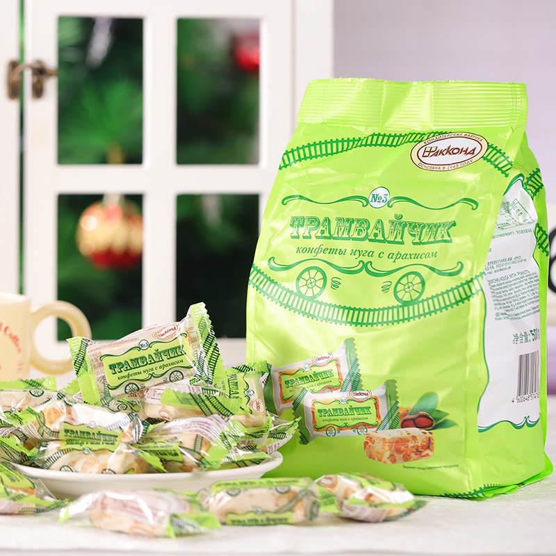 俄罗斯国家馆进口花生牛轧糖500g袋装果脯休闲零食软糖喜糖糖果