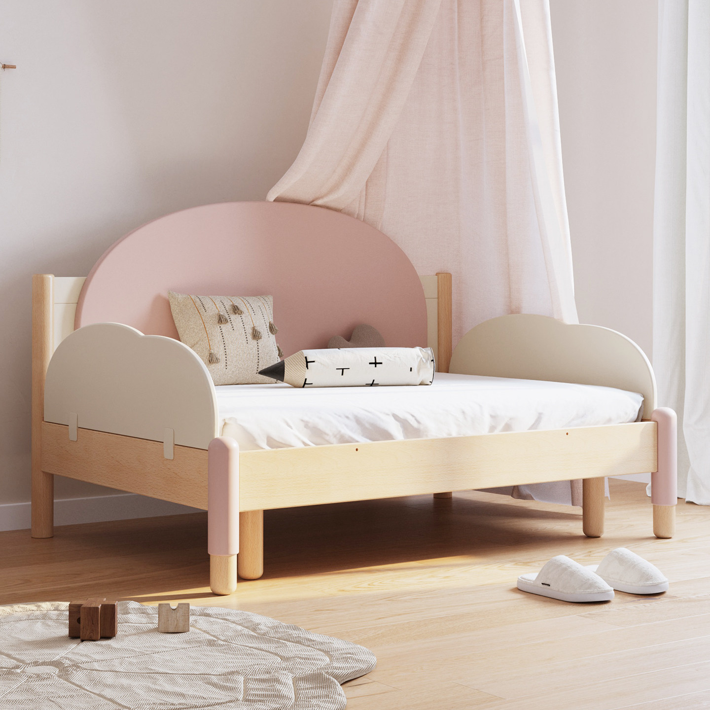 实木儿童床男孩女孩小户型抽拉床粉色公主伸缩床简约现代带护栏