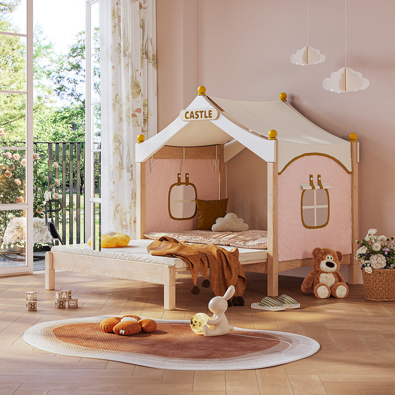 优漫居蒙氏儿童床女孩屋顶床实木公主床树屋床帐篷抽拉伸缩白蜡木