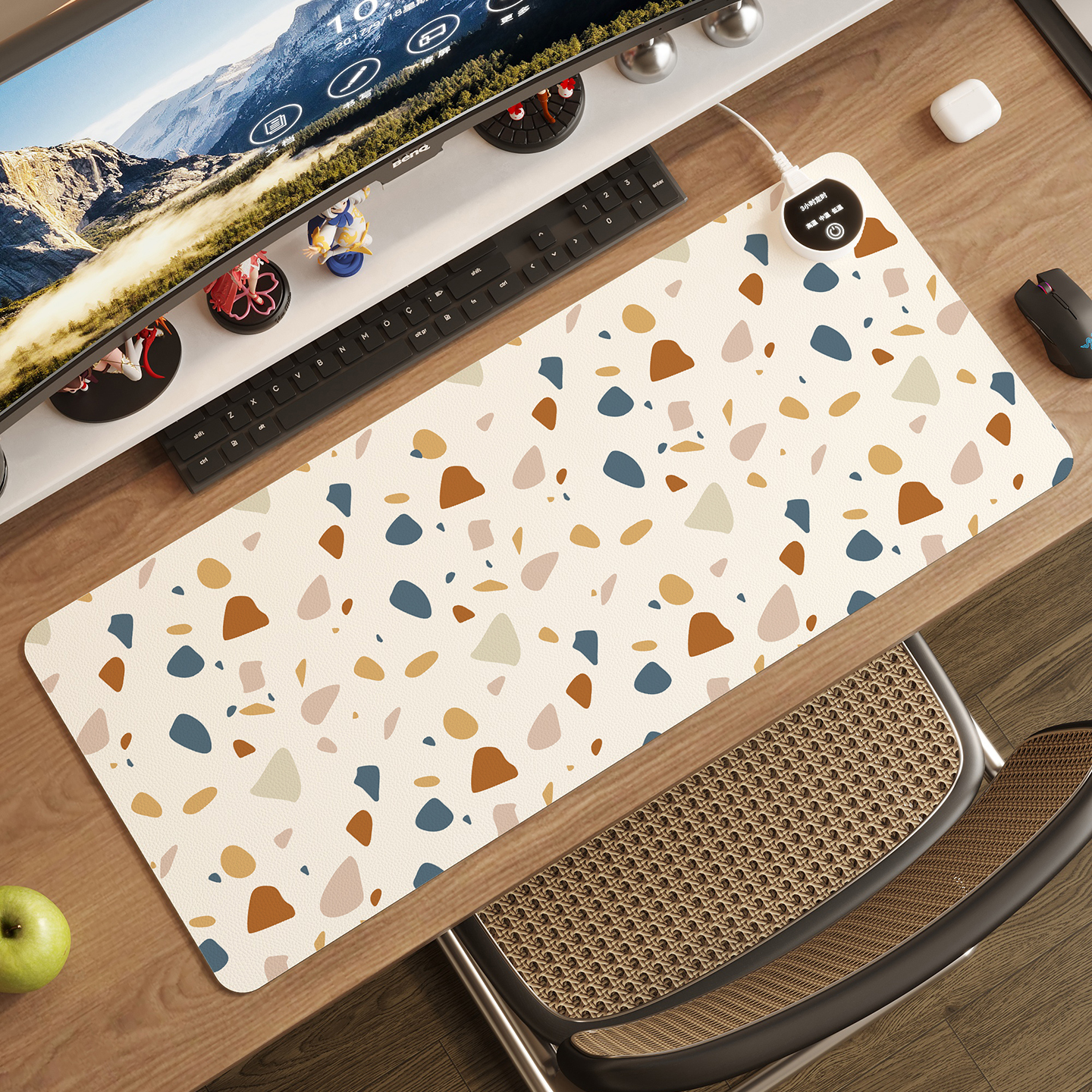 水磨石几何图案PU皮革发热办公桌垫大号电脑桌面鼠标垫加热暖桌垫