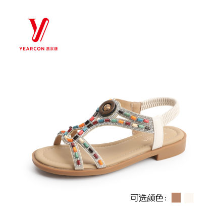 意尔康2026夏季女鞋彩珠松紧带民族风软平底外穿凉鞋6362AL17376U
