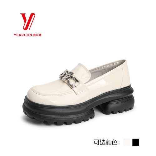 意尔康新款女鞋2024春秋英伦风漆皮小皮鞋粗跟简约单鞋01053U