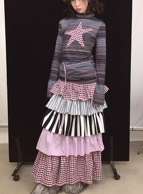 Ttsunami 2024秋冬原创条纹针织多拼接多层粉色款可爱蛋糕裙长裙