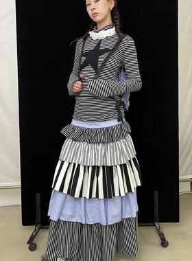Ttsunami 2024秋冬原创条纹针织多拼接多层次可爱百搭蛋糕裙长裙