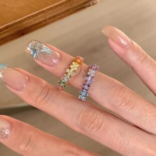 彩宝戒指纯银小雏菊花朵排戒渐变彩钻小众设计甜美精致尾戒食指戒