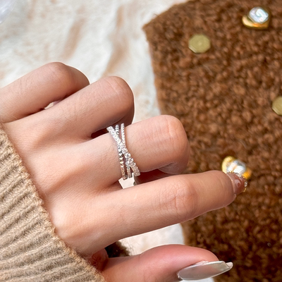 三环戒指交叉镶钻纯银女2024新款爆款ins风轻奢时尚小众设计百搭