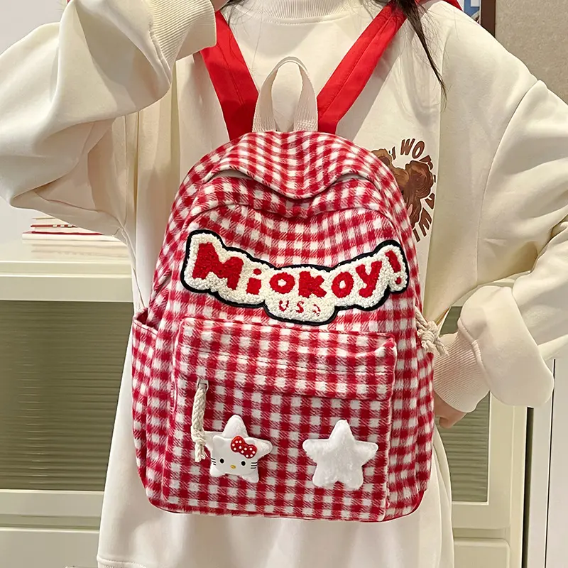HelloKitty双肩包红色格纹高颜值