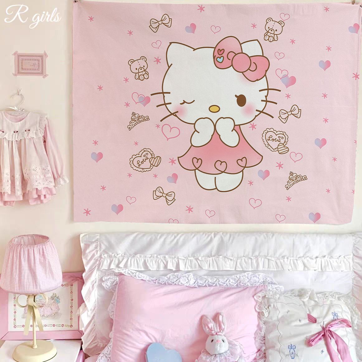 HelloKitty挂布出租屋背景墙遮丑卡通凯蒂猫墙布装饰画背景布女生图片