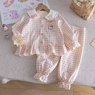 哈喽kt韩版睡衣可爱单排开扣儿童kitty猫两件套睡衣套装家居服女