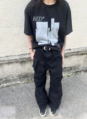 REDRINSE「FLAGS」春夏黑色水洗复古休闲短袖boxy短宽T恤男tee