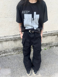 REDRINSE「FLAGS」春夏黑色水洗复古休闲短袖 boxy短宽T恤男tee