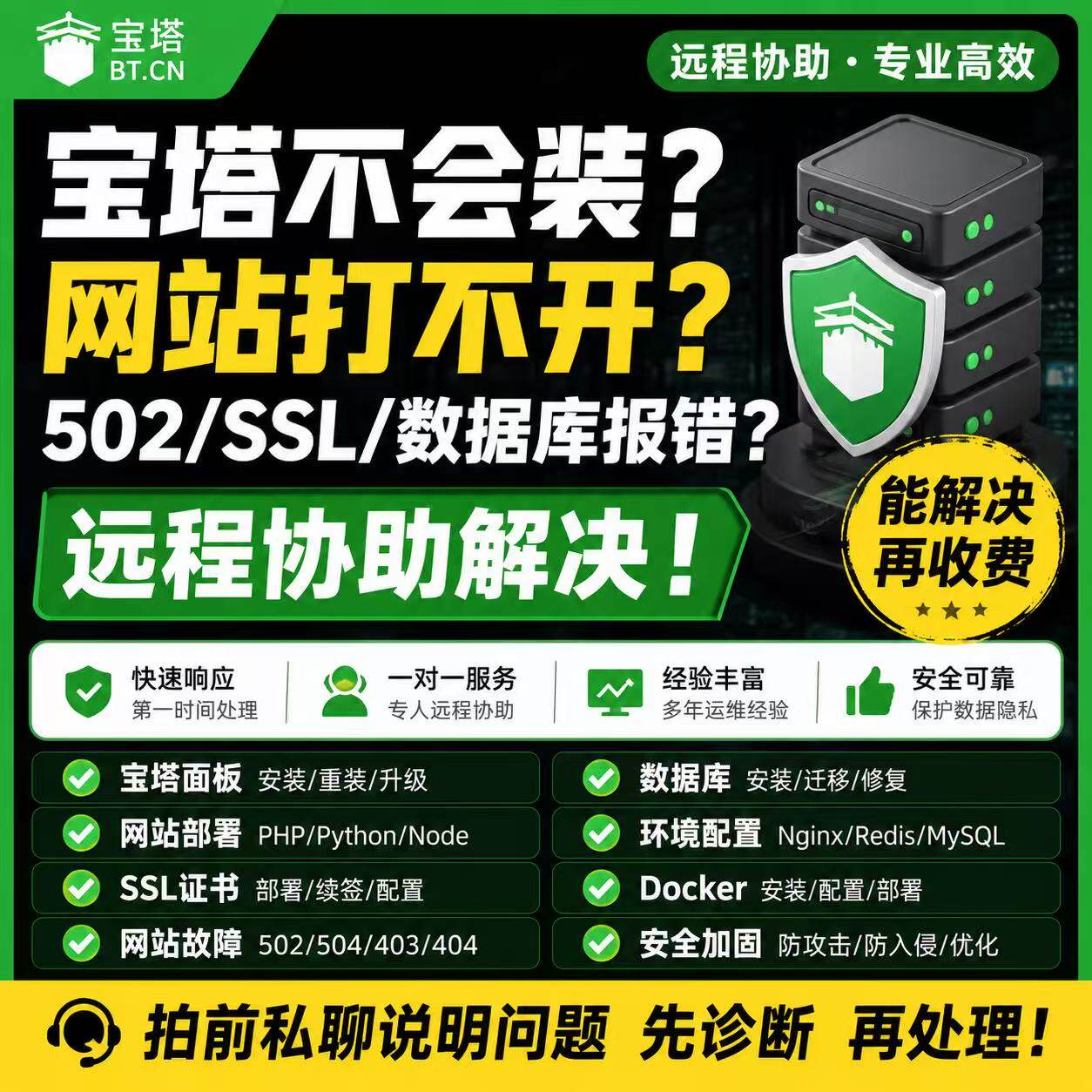 宝塔面板远程安装｜网站502/SSL/数据库报错修复服务器运维