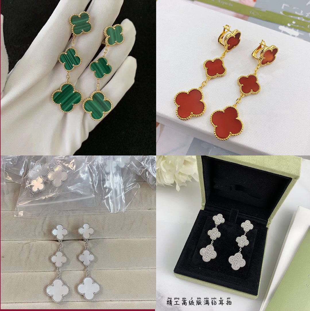 高级感四叶草三花镀18K彩金耳拍间钻耳环玛瑙饰品黄金款耳饰耳坠
