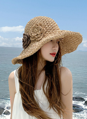 夏季可折叠防晒大檐沙滩草帽女