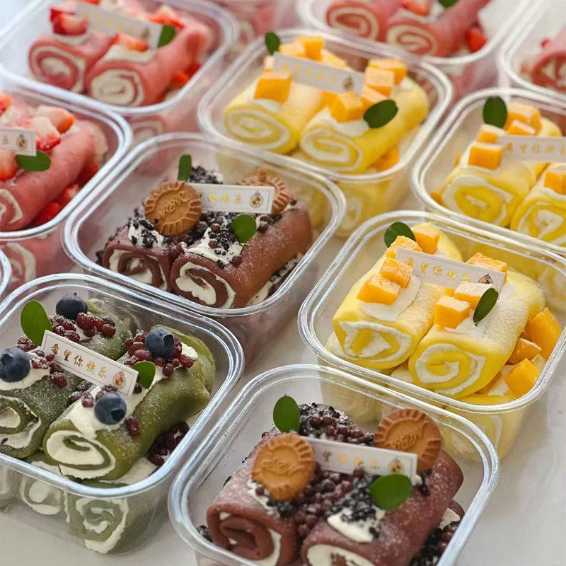 mini迷你毛巾卷包装盒芒果草莓抹茶巧克千层卷全透明一次性蛋糕盒
