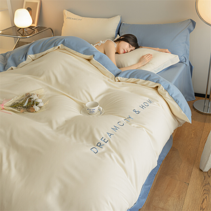 北欧纯棉床上四件套全棉刺绣床单被套床笠被子学生宿舍三件套床品