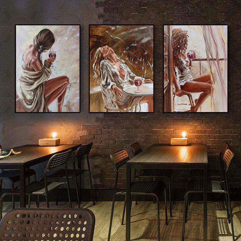 美式红酒美女油画工业风西餐厅复古装饰画酒吧酒庄饭厅背景墙挂画