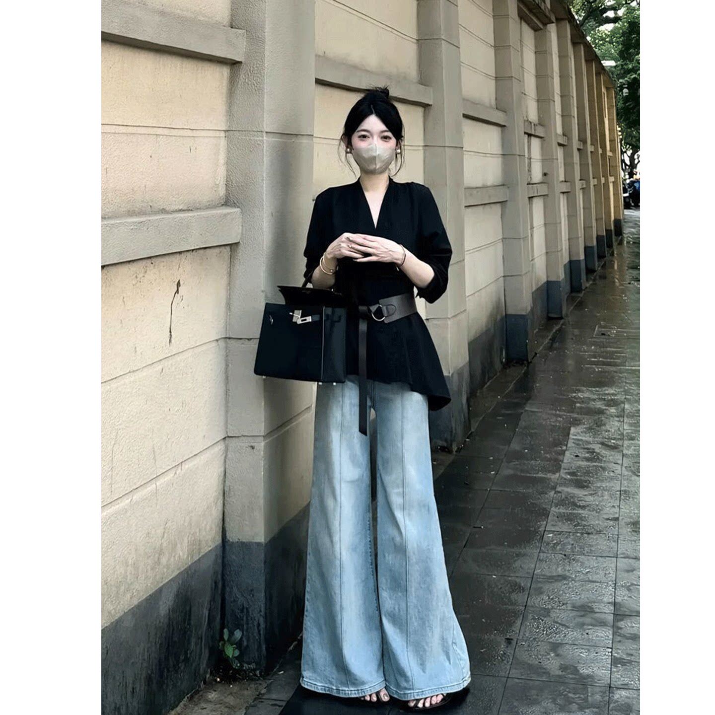 2026流行穿搭一整套春秋巨好看轻熟上衣女蓝色牛仔裤韩风chic套装