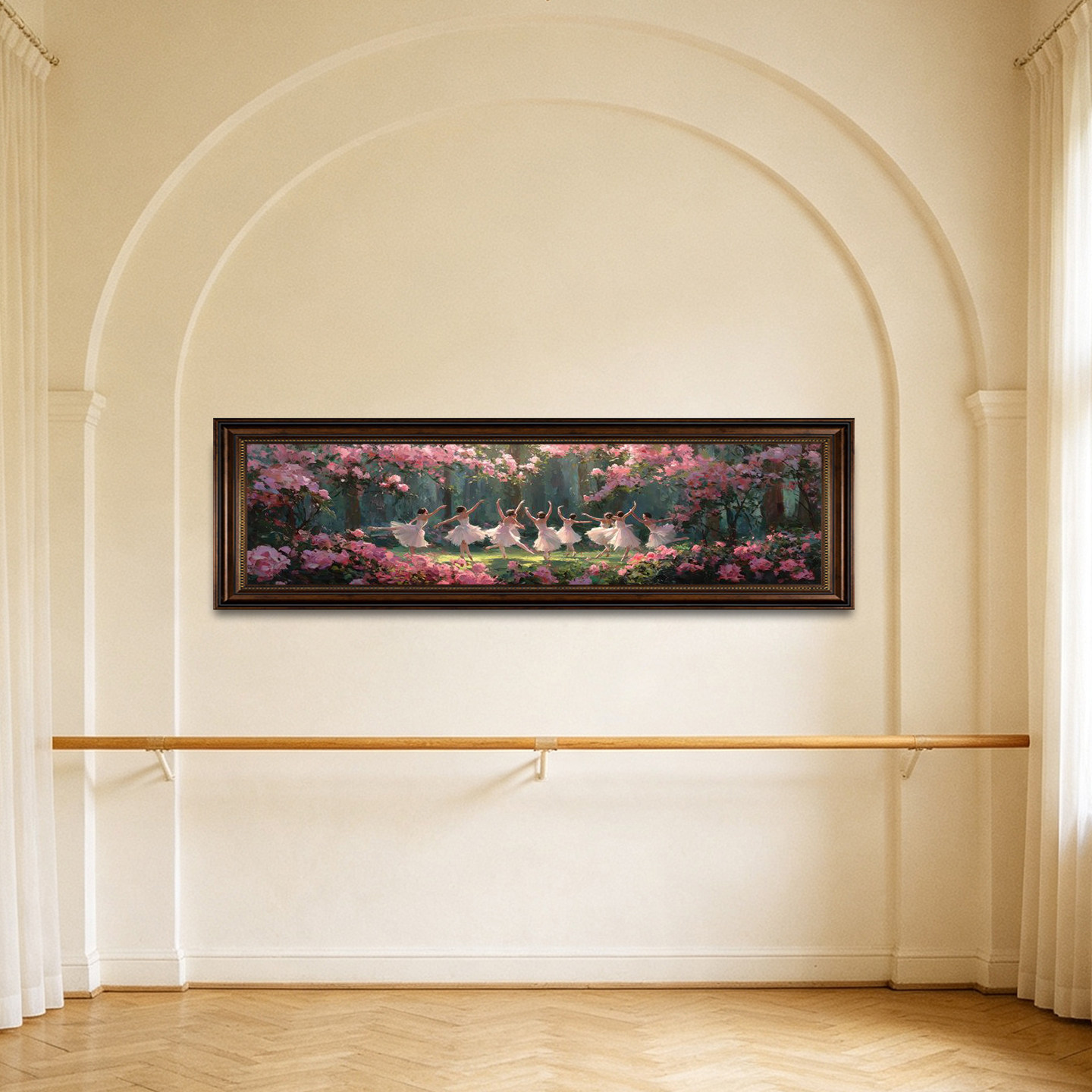 中古风复古芭蕾少女横幅油画卧室床头长条挂画舞蹈教室油画