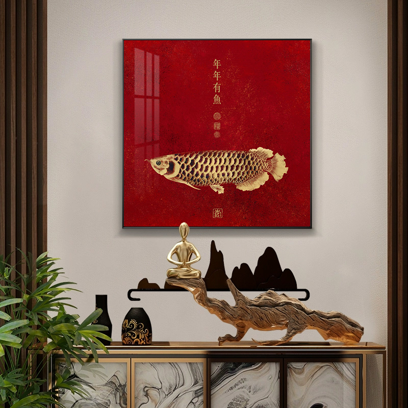 金龙鱼装饰画新中式入门玄关客厅背景墙挂画饭厅招财年年有鱼壁画图片