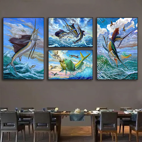 路亚鱼装饰画海鲜餐厅钓鱼馆渔具店挂画水族馆原生鱼金枪鱼壁画图片