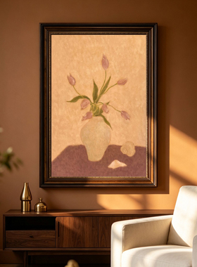 中古风郁金香静物装饰画挂画温柔花瓶油画客厅玄关复古式壁画