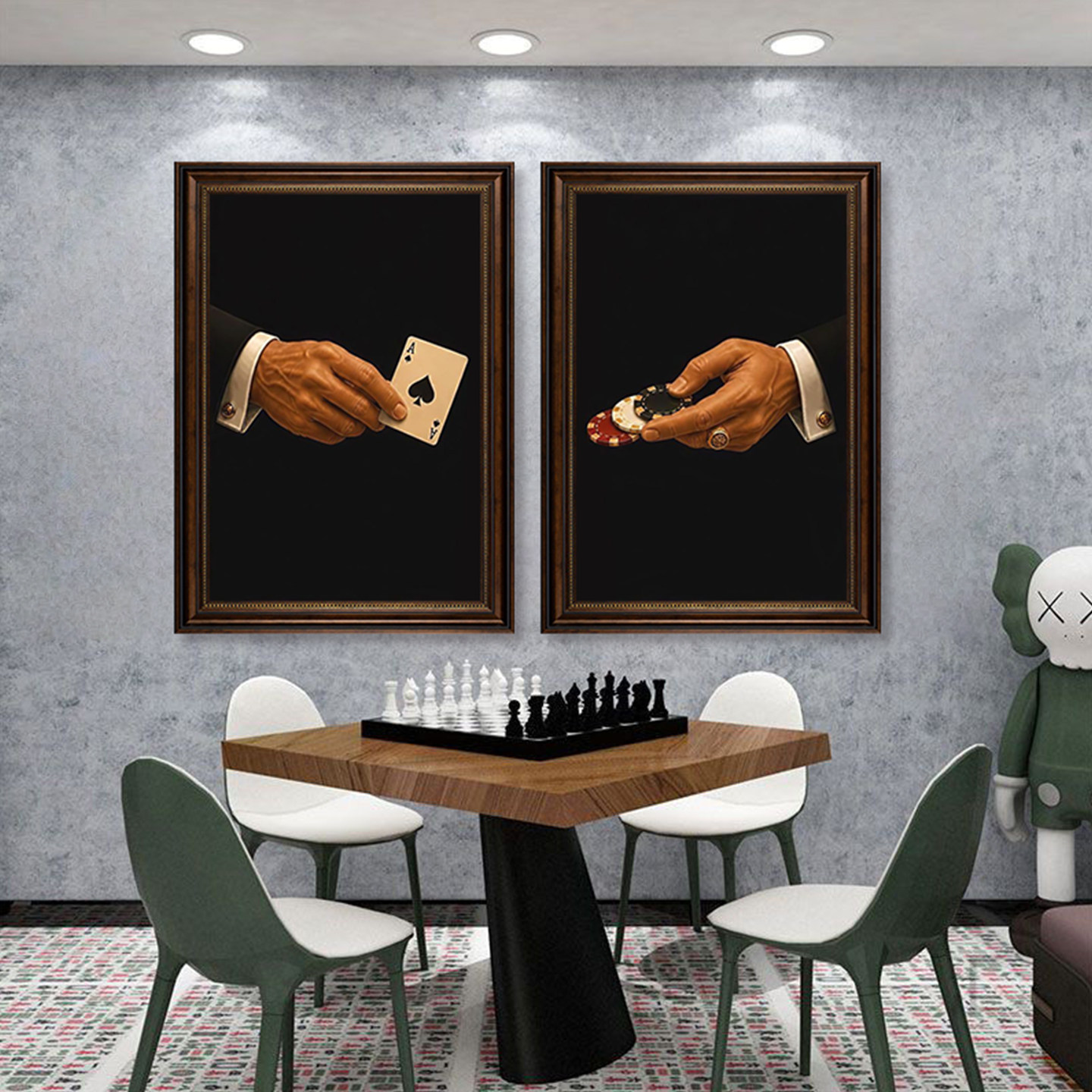 棋牌室酒吧小众装饰油画中古绅士扑克筹码高级感书房背景墙装饰画