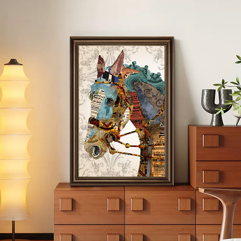 骏马挂画美式玄关装饰画中古风客厅餐厅入户正对门马到成功墙壁画图片