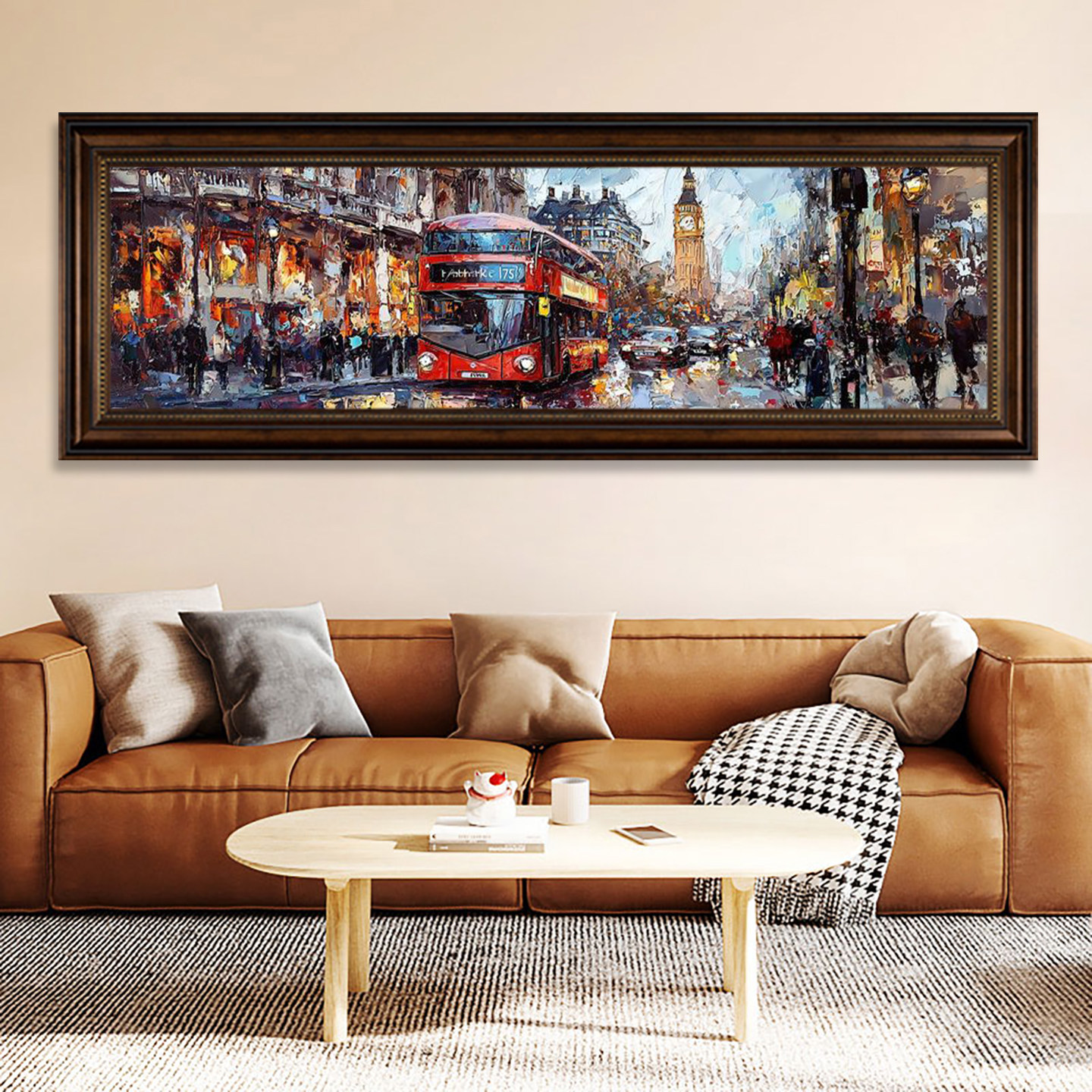 美式伦敦街景大本钟油画横幅客厅装饰画复古建筑风景玄关墙画