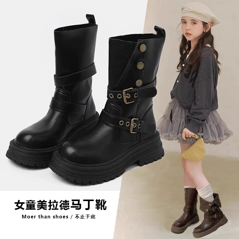 真皮女童靴子2026秋季新款儿童马丁靴女孩中大童秋冬加绒中筒皮靴
