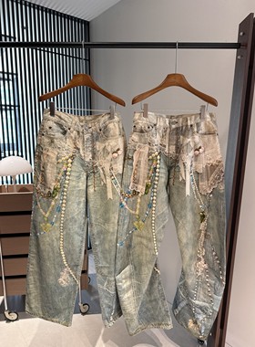 【版本答案】25FW蕾丝珍珠挂饰复古链条打印1981阔腿弯刀牛仔长裤