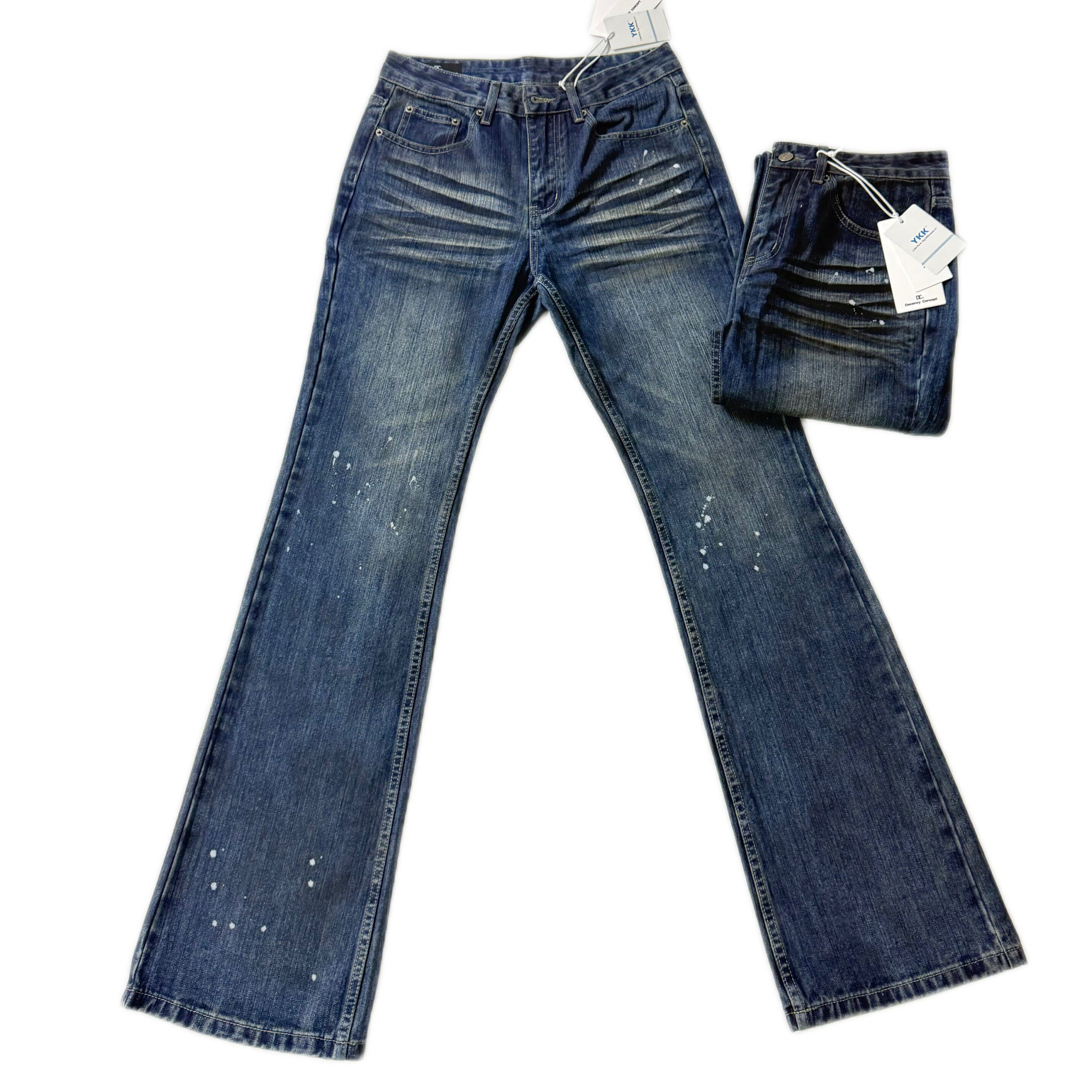 cleanfit风格重磅水洗猫须脏染泼墨微喇修身长裤泼墨点缀牛仔裤