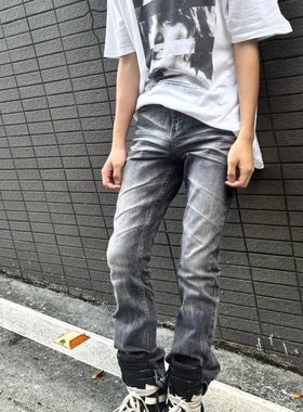 纪璇黑牛美式cleanfit水洗修身弹力微喇高街vibe黑灰3.0牛仔裤男