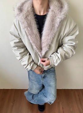 OC座山雕连帽毛领棉服男女同款冬季设计感美式cleanfit短棉衣外套