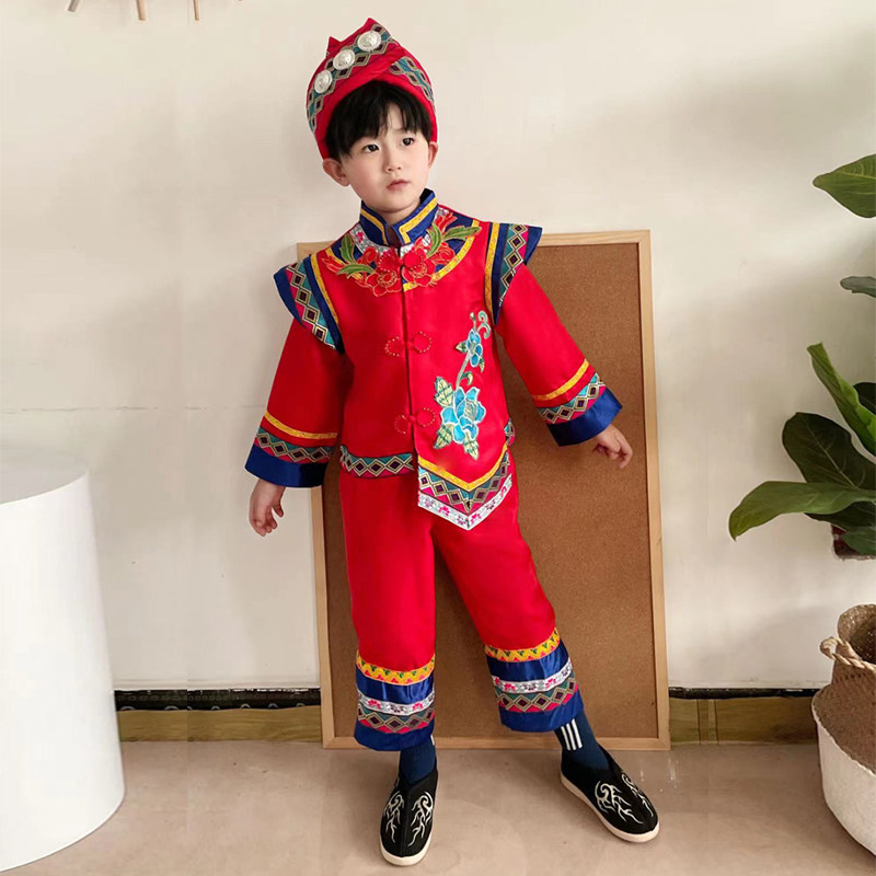 广西三月三儿童民族服装男女童壮族服饰苗族儿童瑶族棉布演出服装