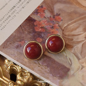 「港风美人」vintage法式 复古酒红色圆形耳钉女个性 夸张耳环耳夹
