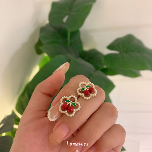 甜美可爱花朵珍珠樱桃耳钉