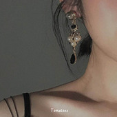 「黑色曼陀罗」复古摩登宫廷风巴洛克黑钻水滴珍珠长款 耳环女耳钉