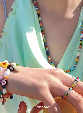 Lisa同款彩色琉璃花朵串珠手链