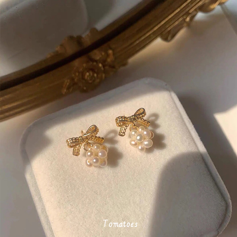 「全店买三赠一」原创复古日系镂空蝴蝶结珍珠绣球耳钉设计感耳环