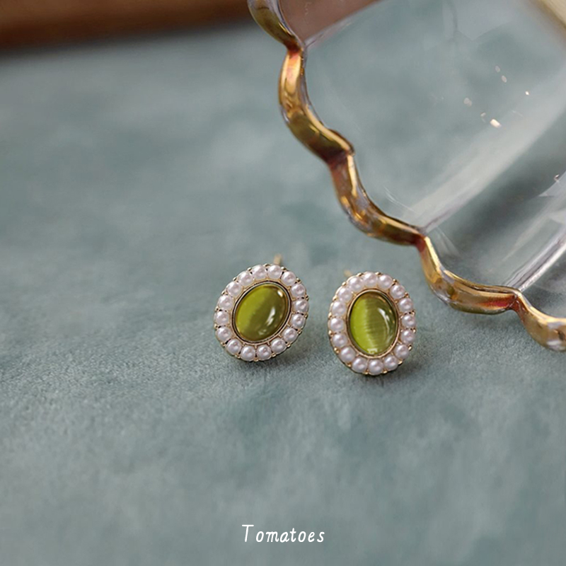 多巴胺法式复古绿色猫眼石耳钉